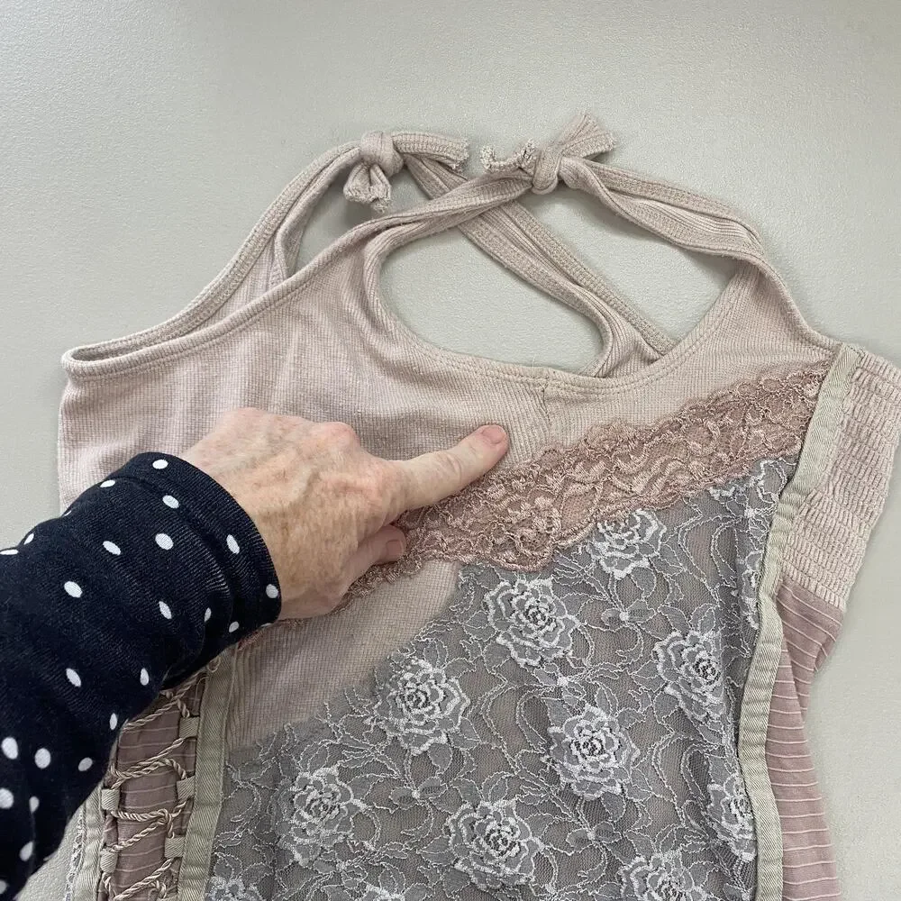 Free People Lace Corset Tank Top Medium Beige Blush Ruffle Fairy Grunge Ren Fair